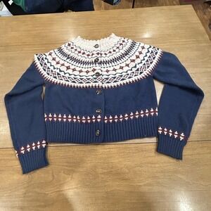 DRA Cardigan Sweater Womens Medium Blue Fair Isle Yoke Knit Button Front Winter